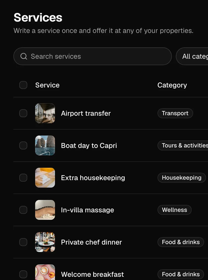The Services page: each service with its category, the properties that offer it, its providers and status.