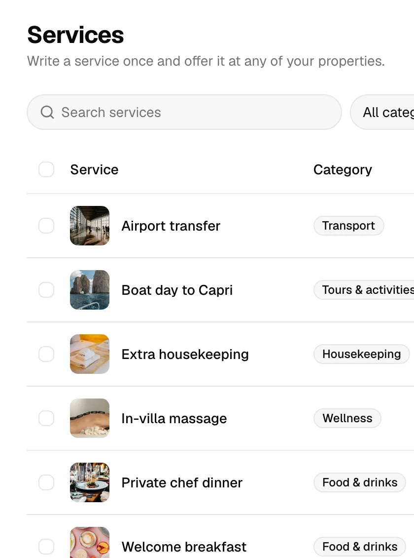 The Services page: each service with its category, the properties that offer it, its providers and status.