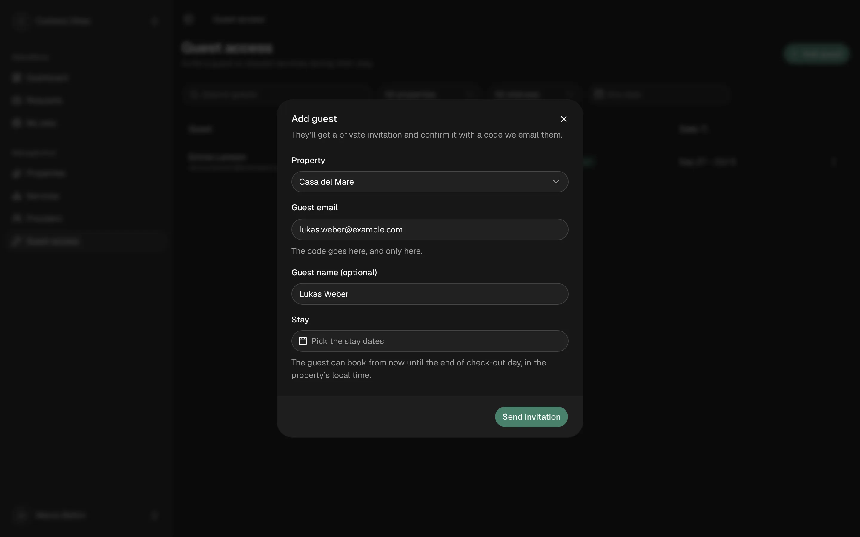 Guest access, Add guest: the property, the guest’s email and name, and their stay dates.