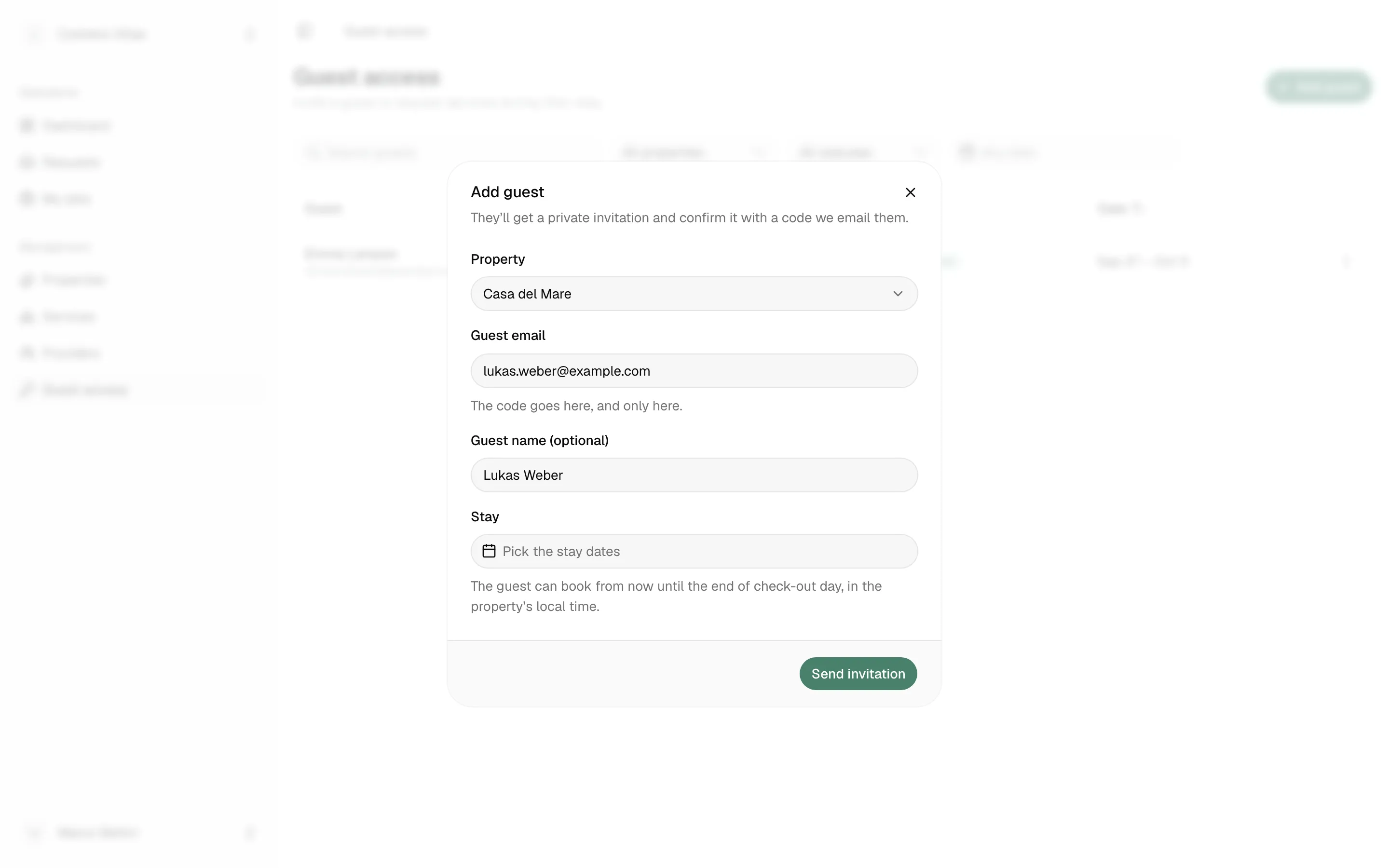 Guest access, Add guest: the property, the guest’s email and name, and their stay dates.