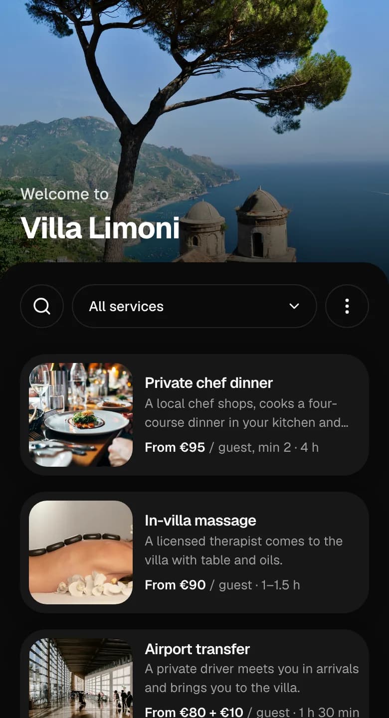 The catalog for Villa Limoni on a guest’s phone: the property photo, search and categories, and its services with photos and prices.