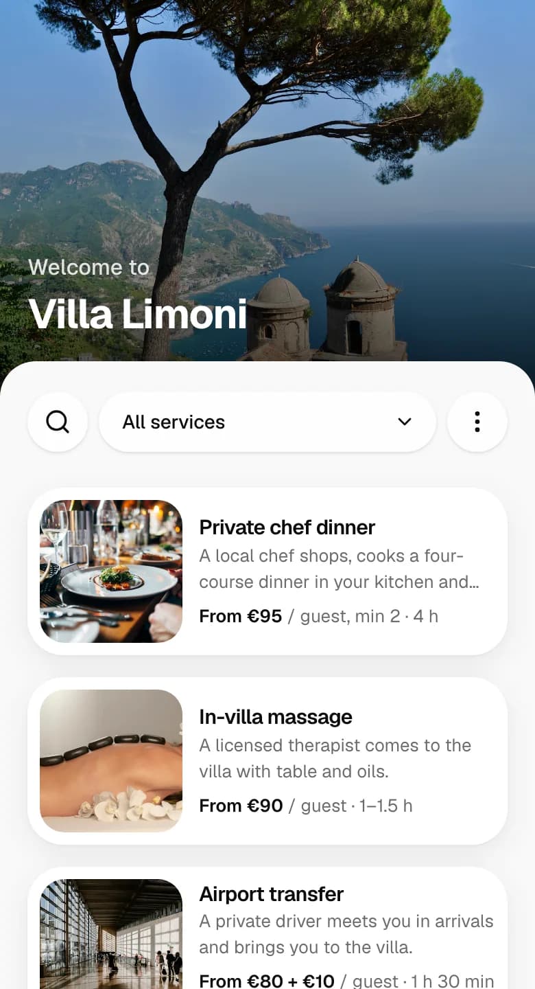 The catalog for Villa Limoni on a guest’s phone: the property photo, search and categories, and its services with photos and prices.