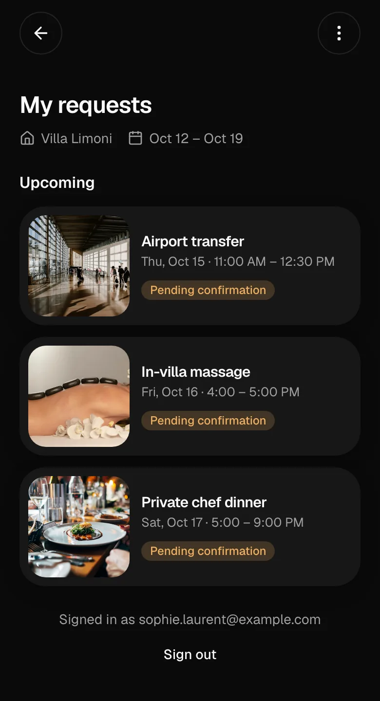 A guest’s requests on their phone: their villa and stay dates, and each request with its time and status.