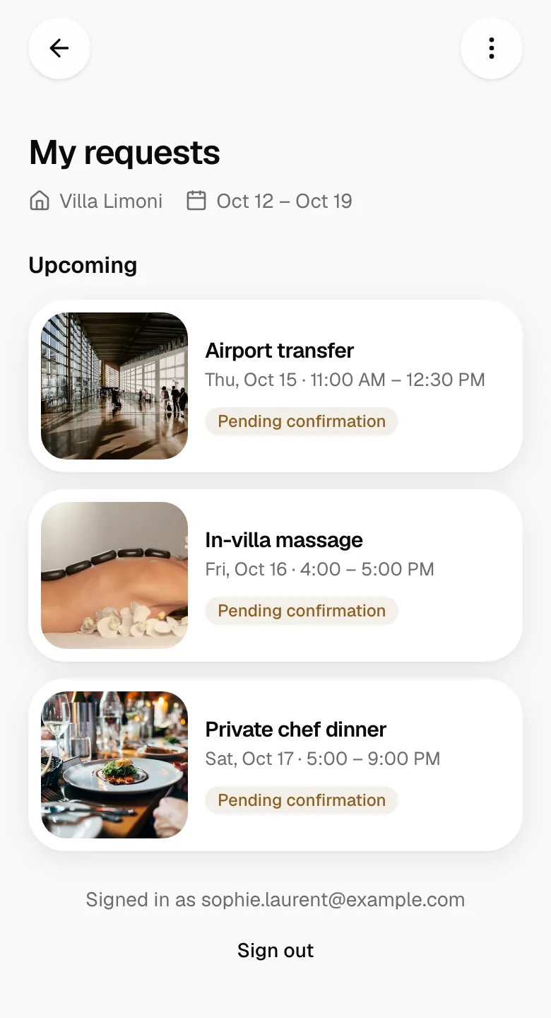 A guest’s requests on their phone: their villa and stay dates, and each request with its time and status.