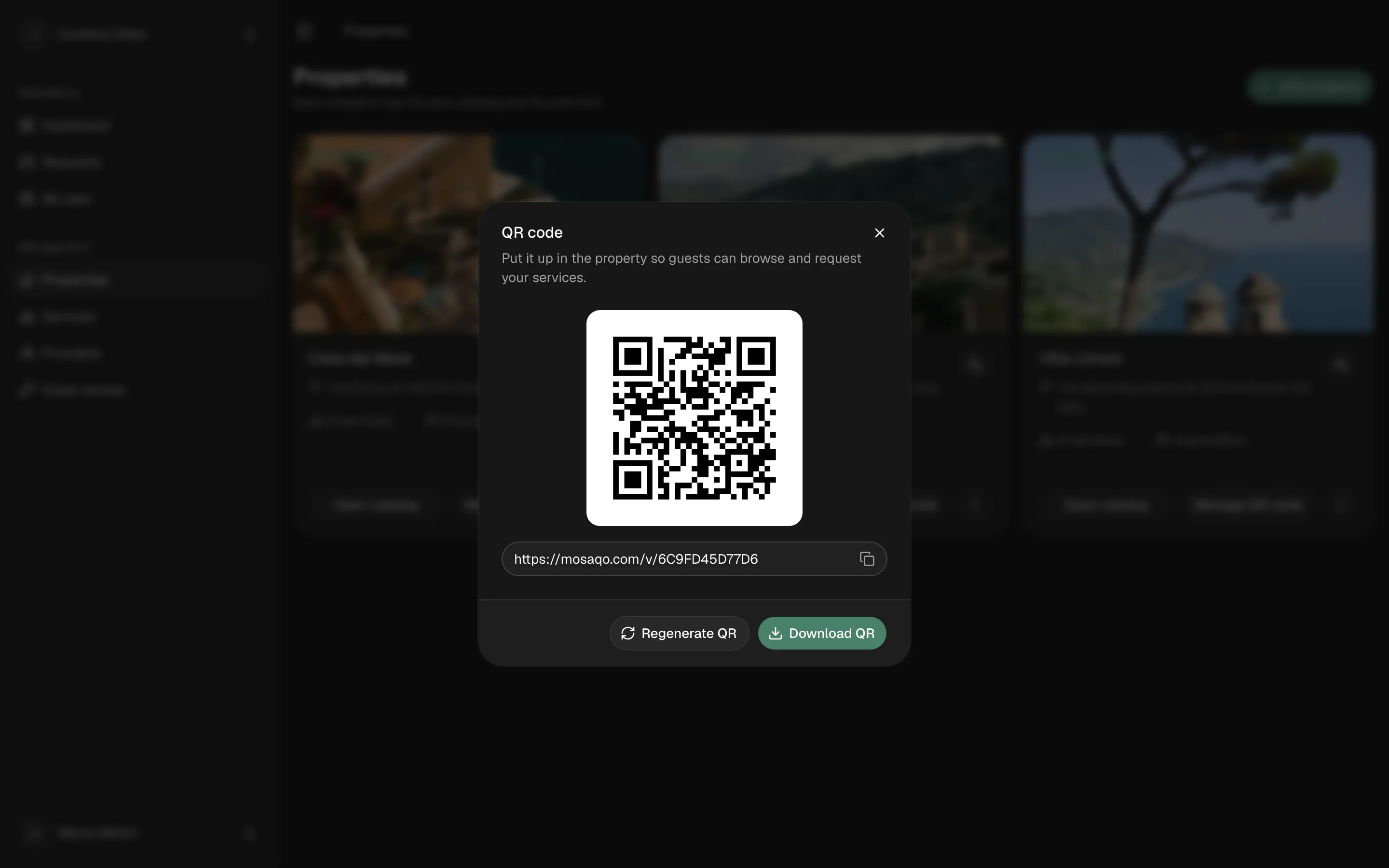 Properties, the QR code dialog: the code to print, the catalog link to copy, and Download QR.