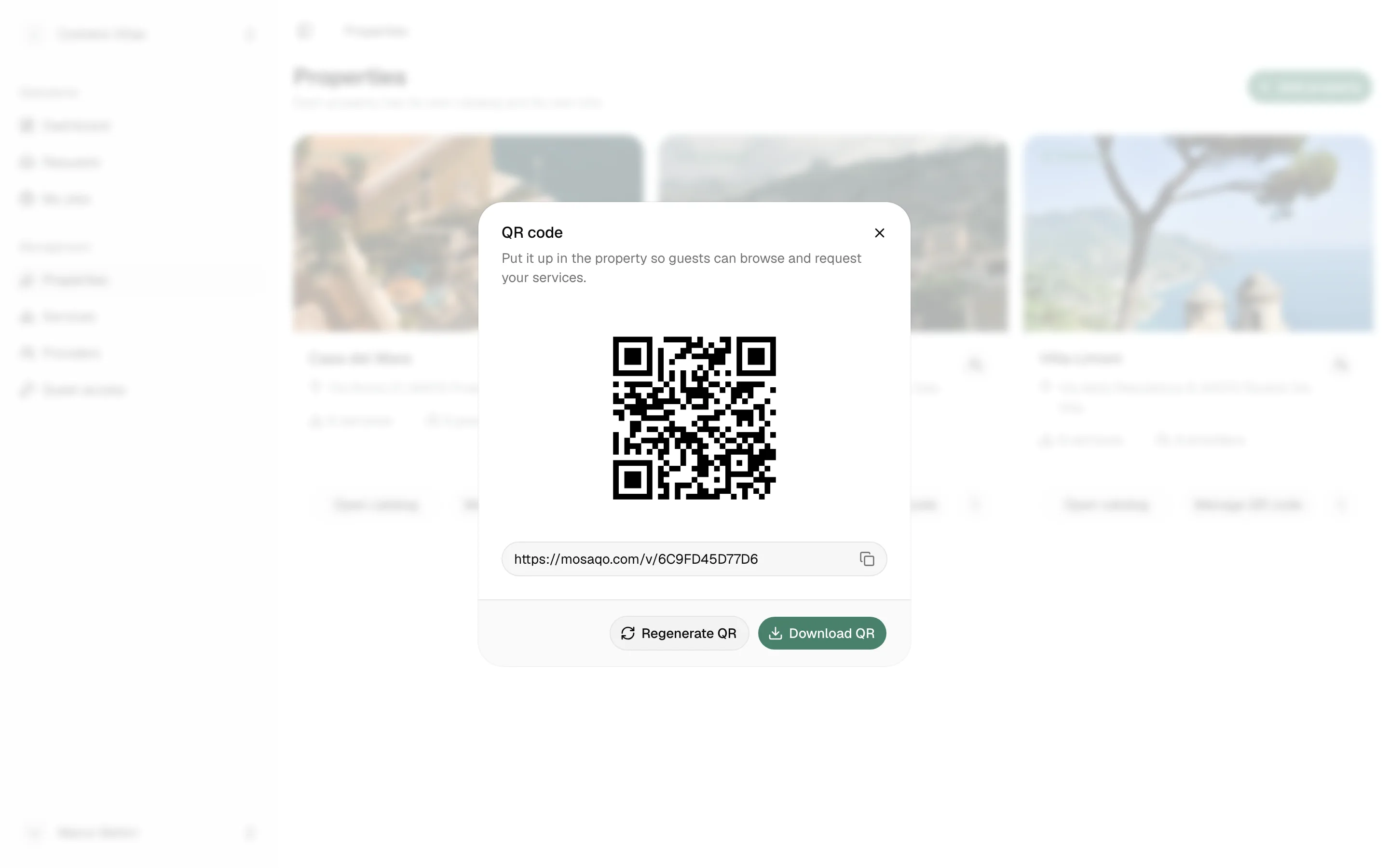 Properties, the QR code dialog: the code to print, the catalog link to copy, and Download QR.