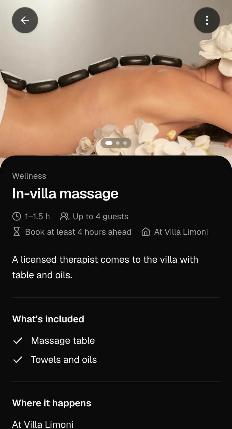 Requesting an in-villa massage on a phone.