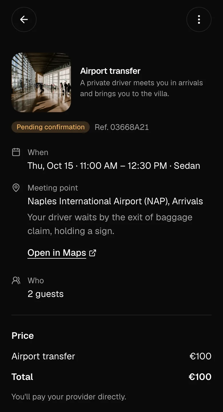 An airport transfer request on a guest’s phone, pending confirmation.