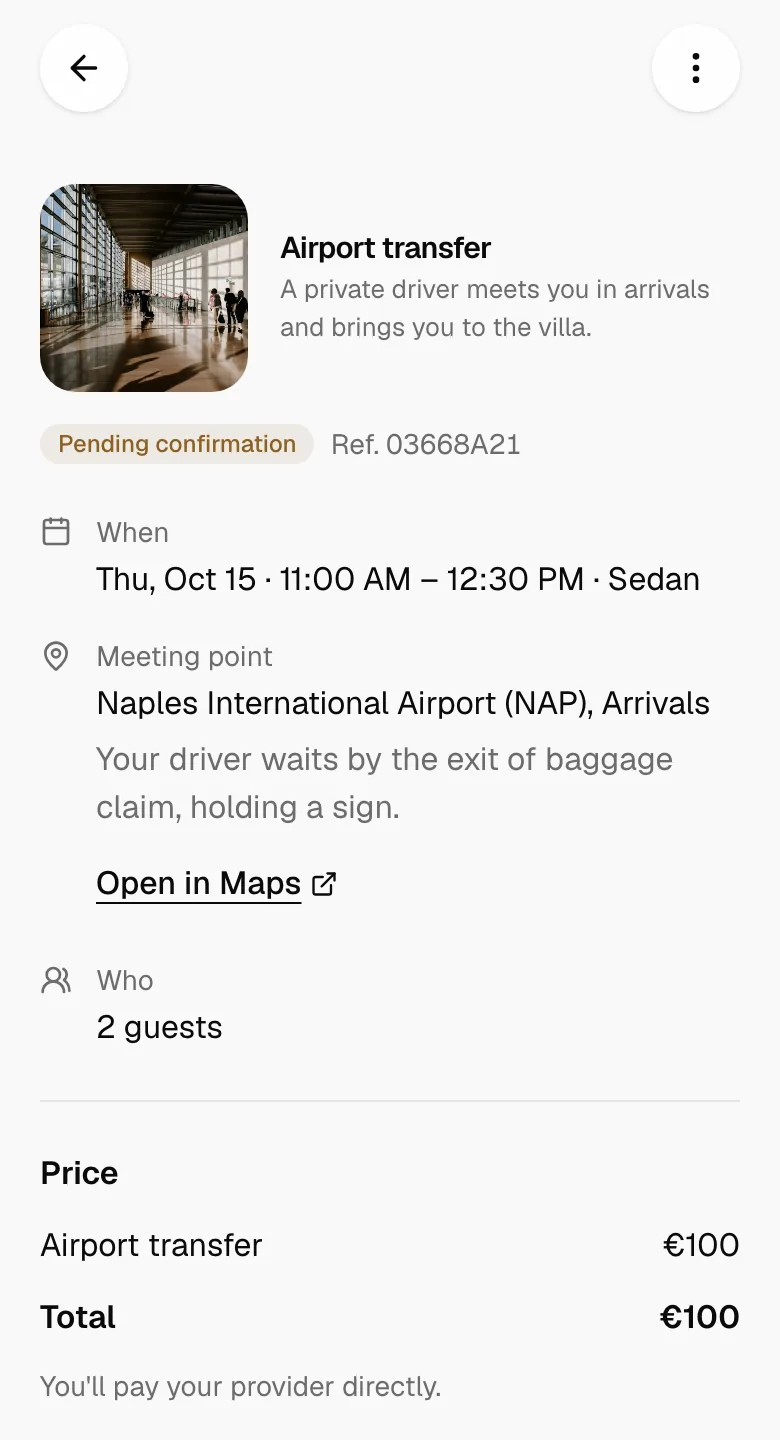 An airport transfer request on a guest’s phone, pending confirmation.
