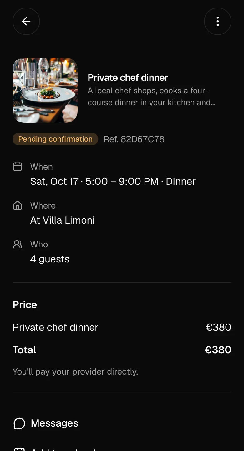 A private chef dinner request on a guest’s phone: pending confirmation, when and where, how many guests and the total.