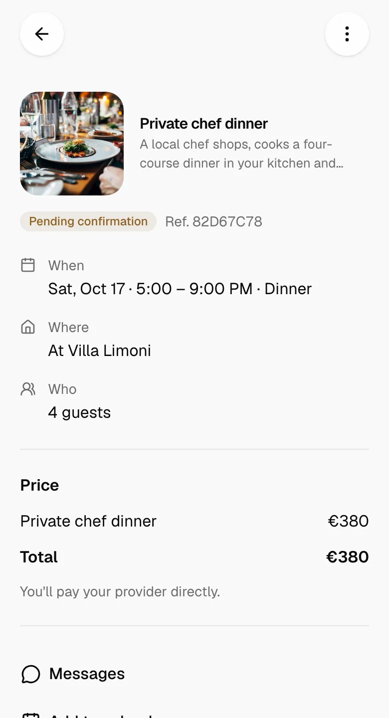 A private chef dinner request on a guest’s phone: pending confirmation, when and where, how many guests and the total.
