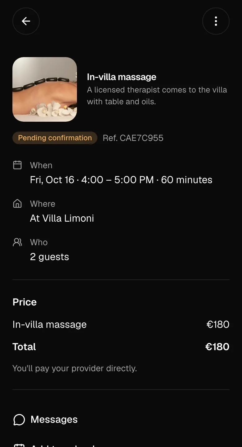 An in-villa massage request on a guest’s phone, pending confirmation.