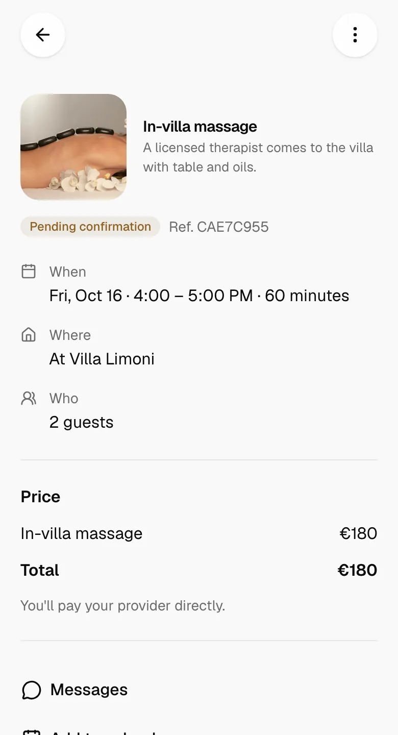 An in-villa massage request on a guest’s phone, pending confirmation.