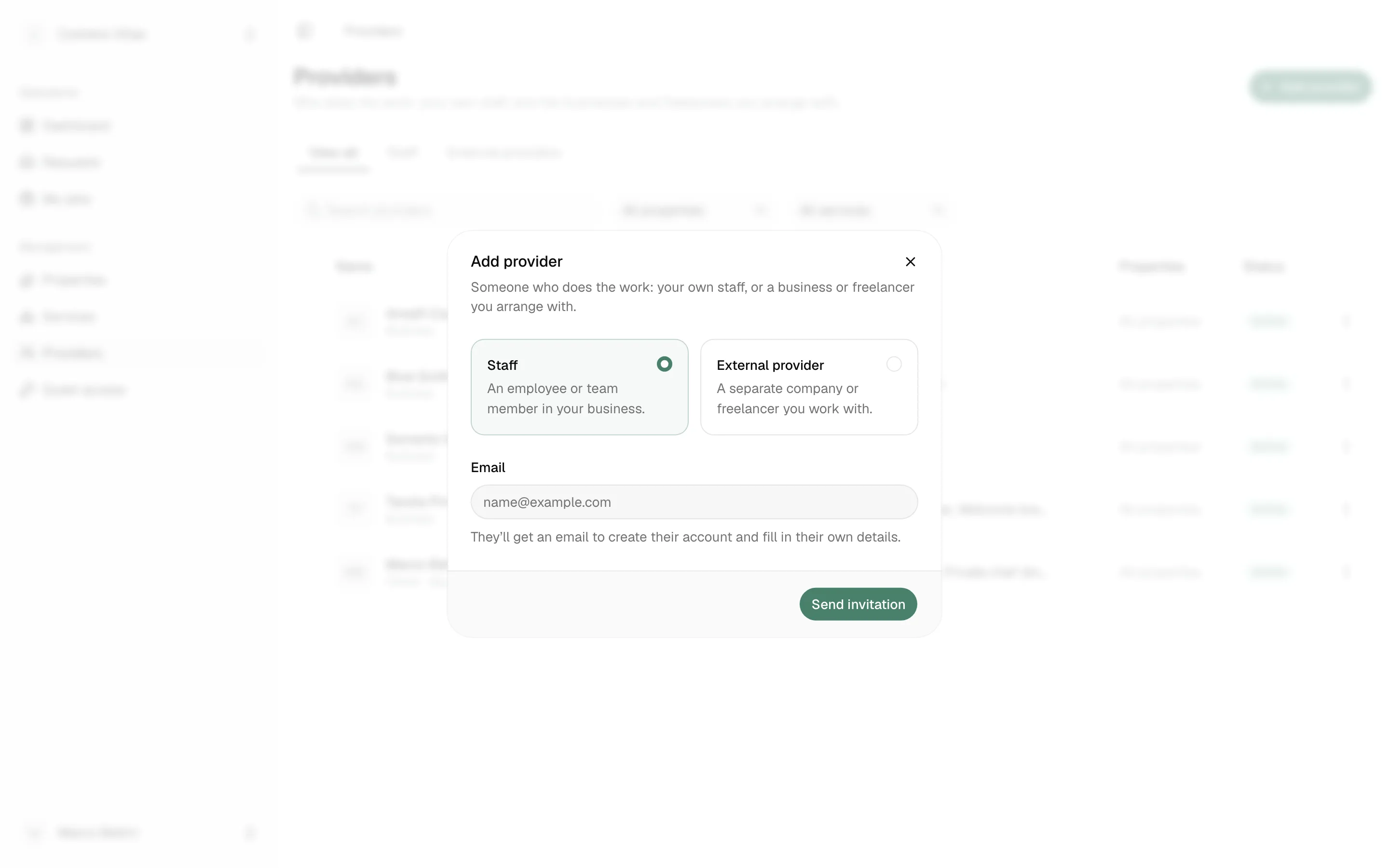 Providers, Add provider: choose staff or an external provider and enter their email.