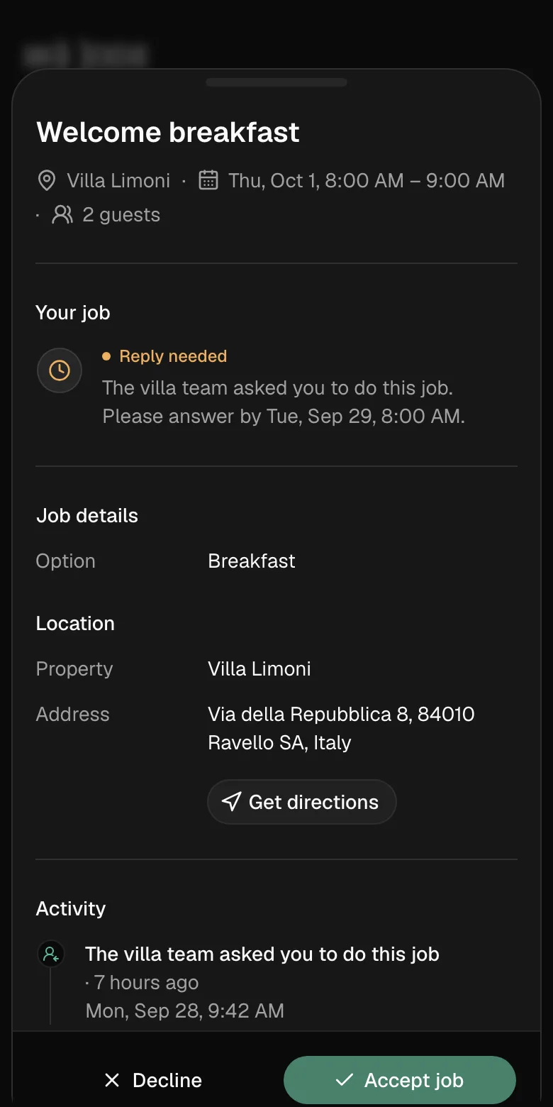 A new breakfast job on a provider’s phone, with Accept job and Decline.