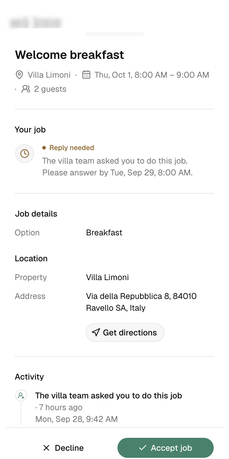 A new breakfast job on a provider’s phone, with Accept job and Decline.
