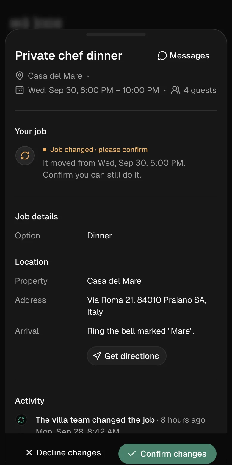 A changed chef dinner on a provider’s phone, with Confirm changes and Decline changes.