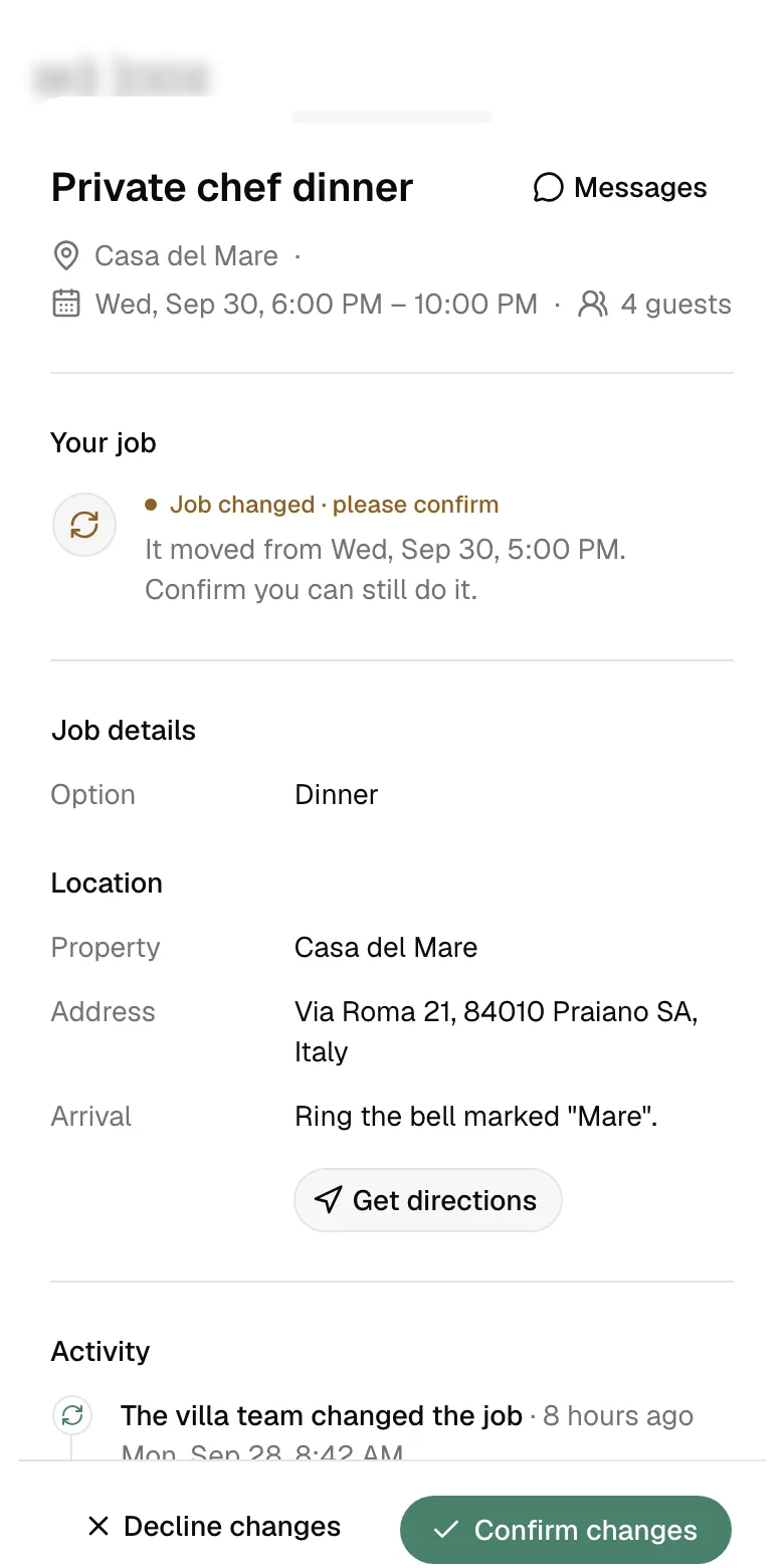 A changed chef dinner on a provider’s phone, with Confirm changes and Decline changes.
