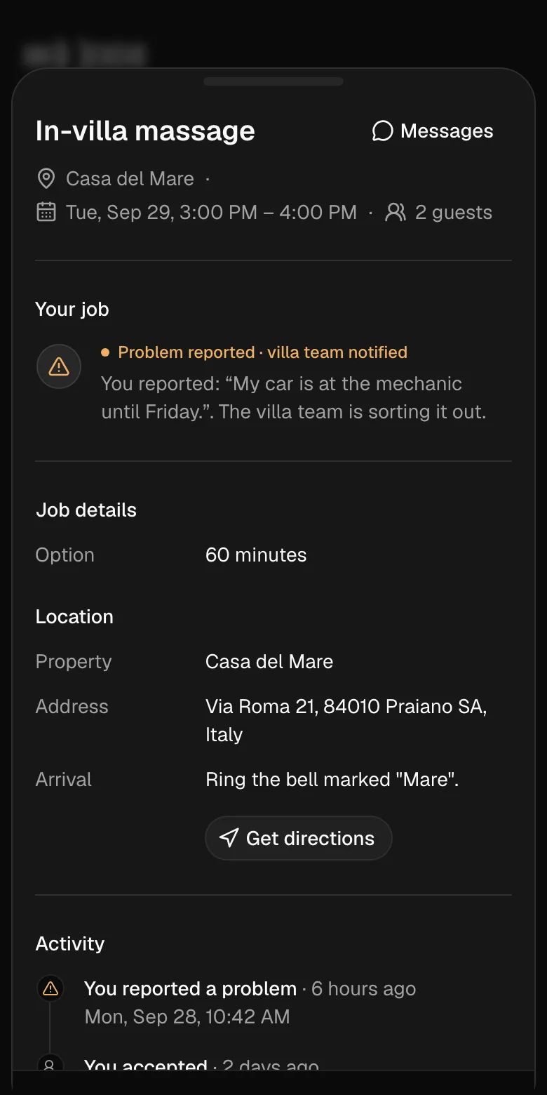 A massage job on a provider’s phone with a reported problem the team has been told about.