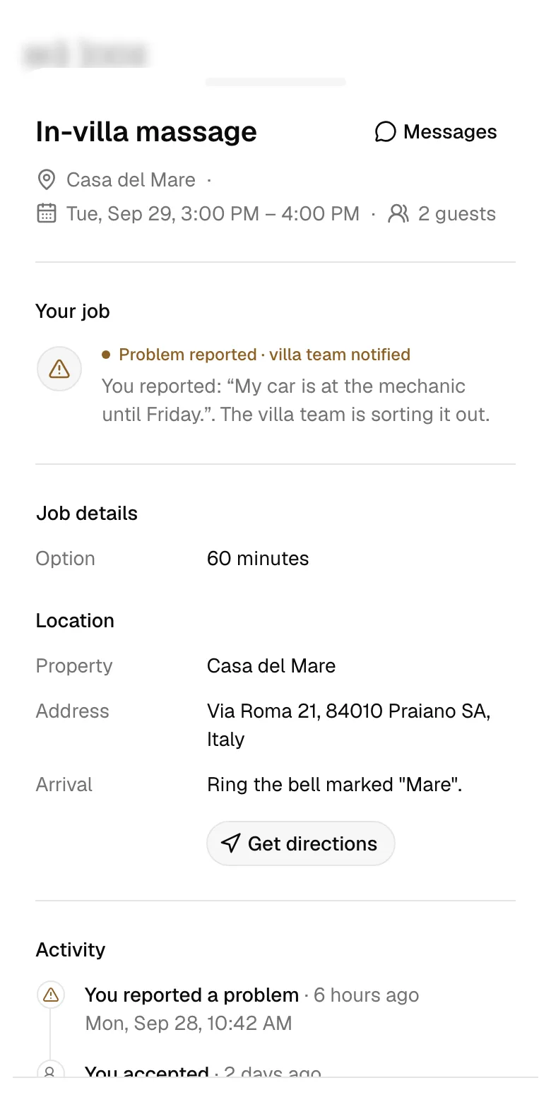 A massage job on a provider’s phone with a reported problem the team has been told about.