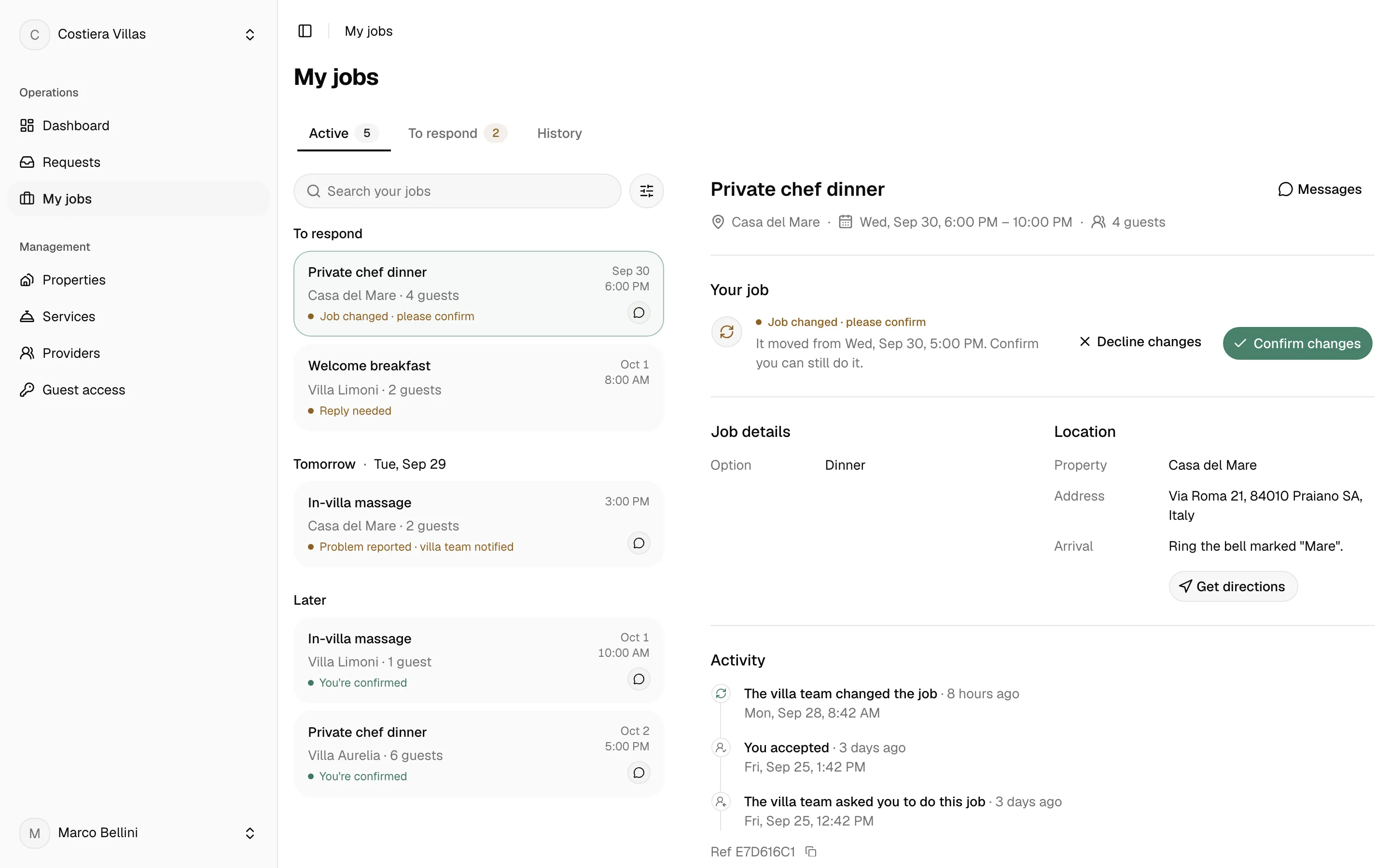 My jobs at a desk: a changed chef dinner open, with Confirm changes and Decline changes.