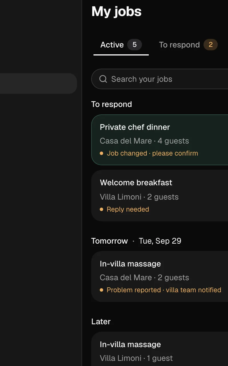 My jobs at a desk: jobs to respond to on the left, a changed chef dinner open on the right.