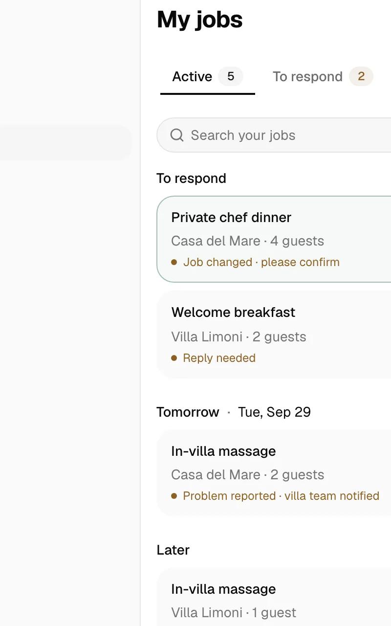 My jobs at a desk: jobs to respond to on the left, a changed chef dinner open on the right.