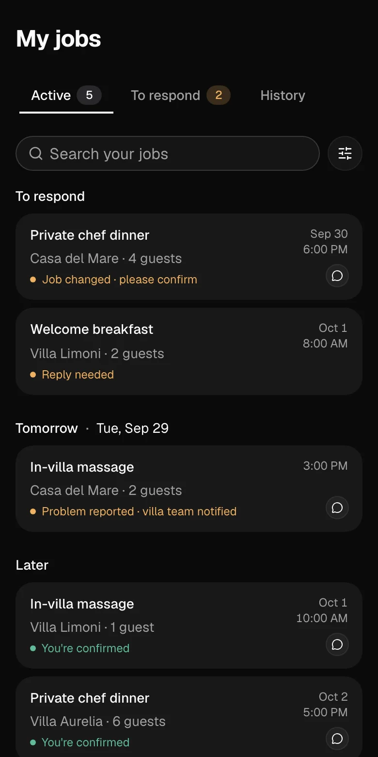 My jobs on a phone: jobs to respond to, tomorrow’s and later ones, each with its status.