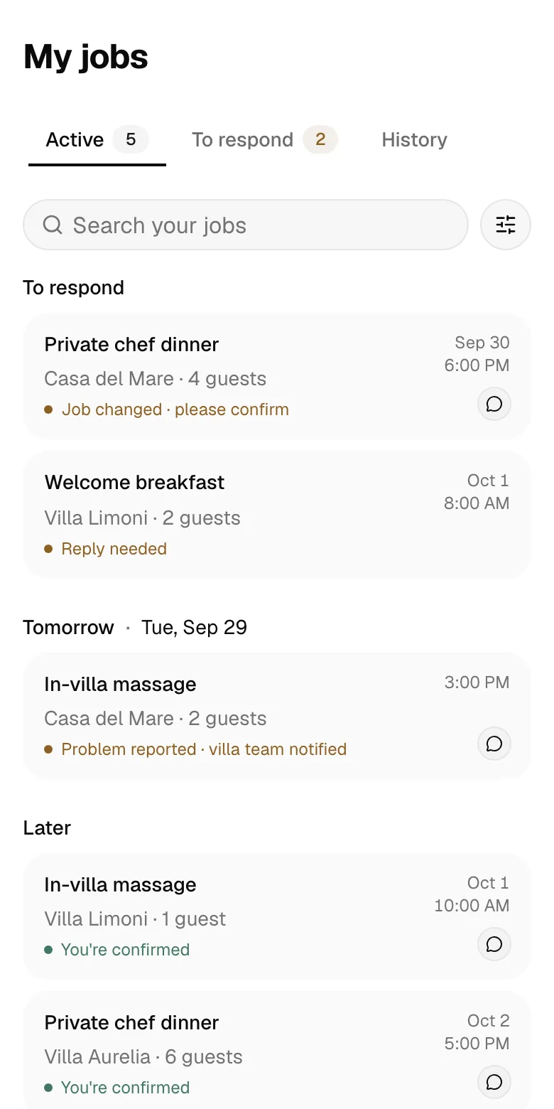 My jobs on a phone: jobs to respond to, tomorrow’s and later ones, each with its status.