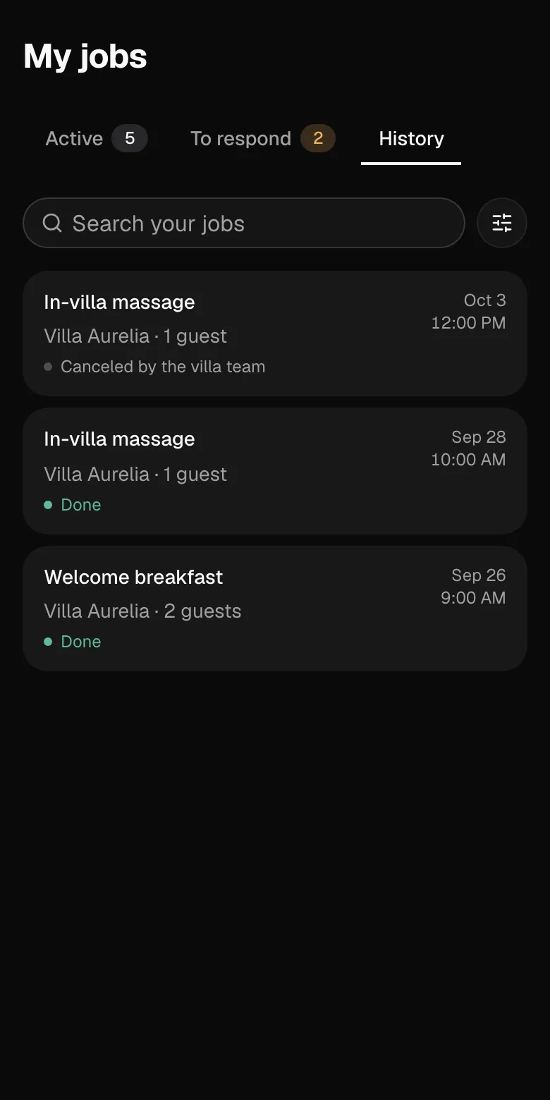 My jobs on a phone, History: done and canceled jobs.