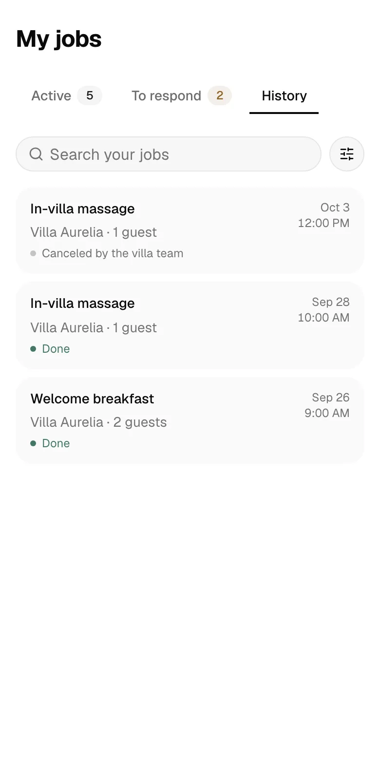 My jobs on a phone, History: done and canceled jobs.