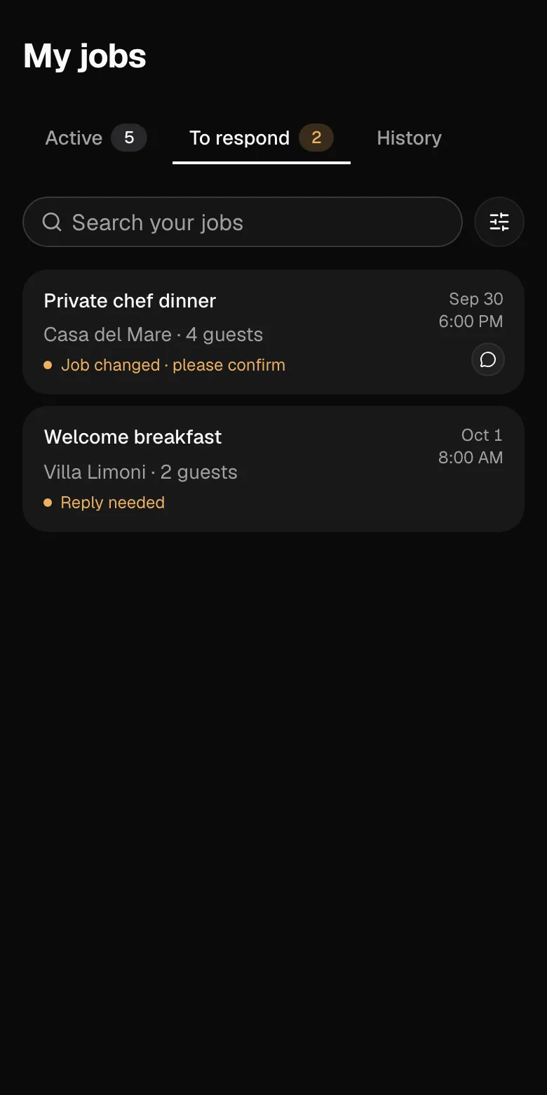 My jobs on a phone, To respond: jobs waiting for the provider’s answer.