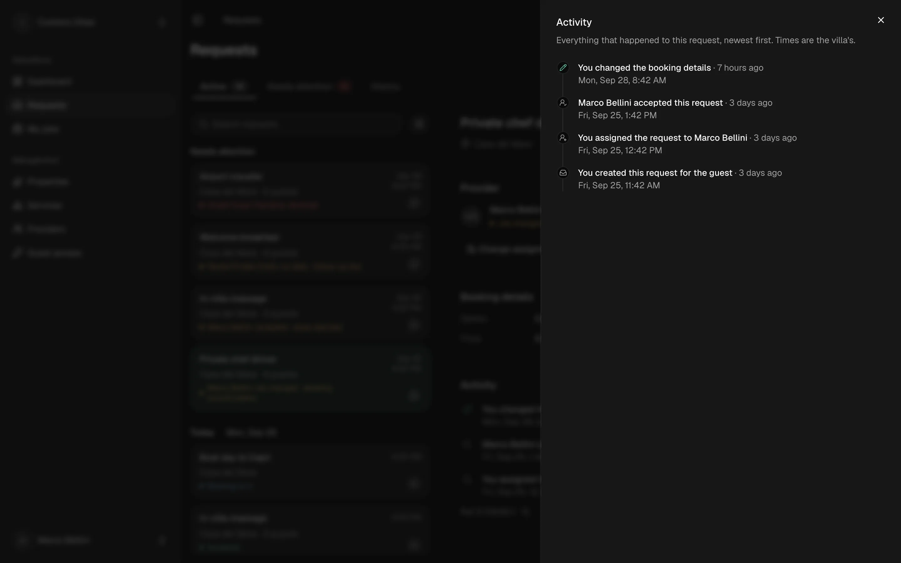 A request’s activity, newest first: booking details changed, accepted by the chef, assigned, created.