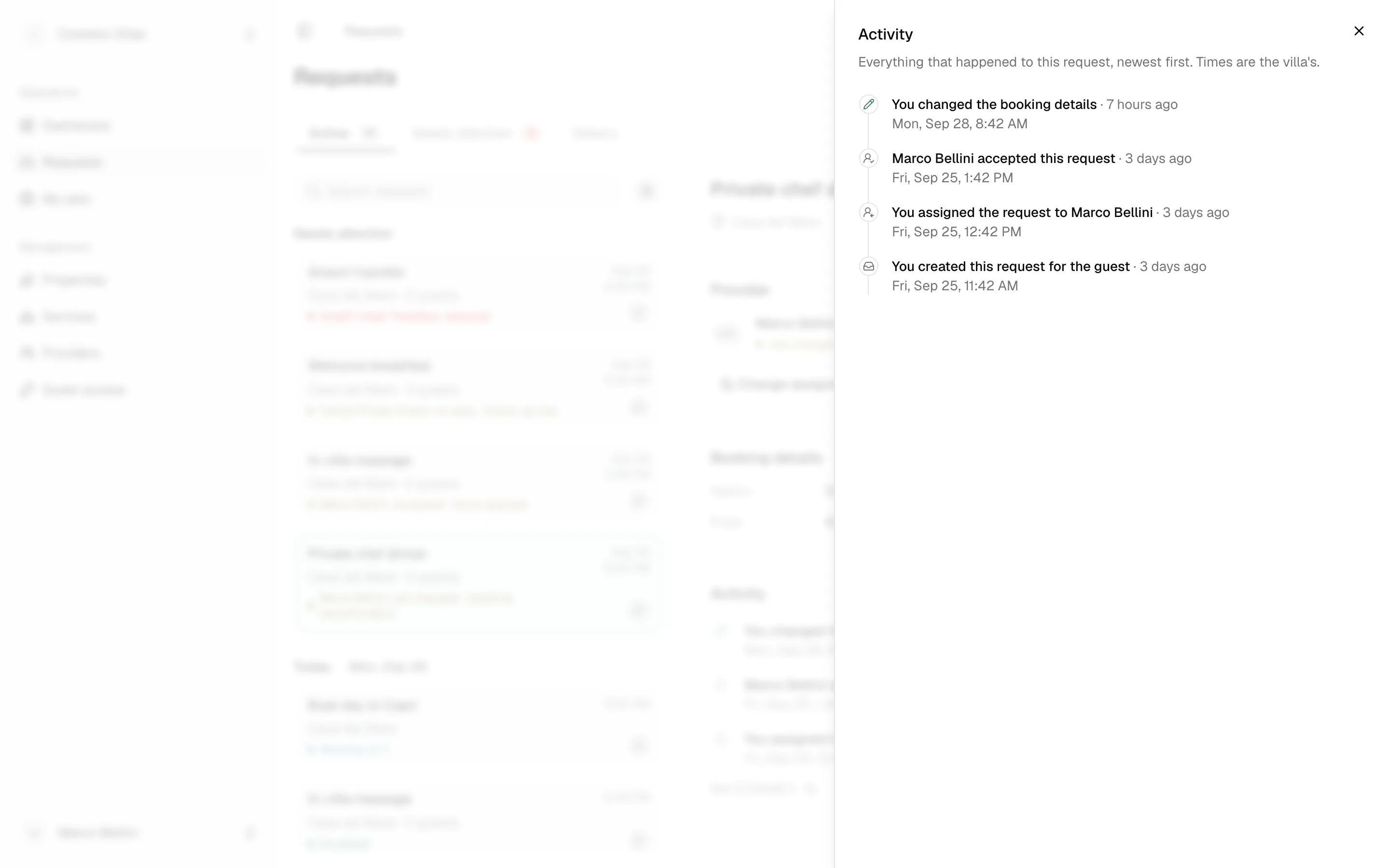 A request’s activity, newest first: booking details changed, accepted by the chef, assigned, created.