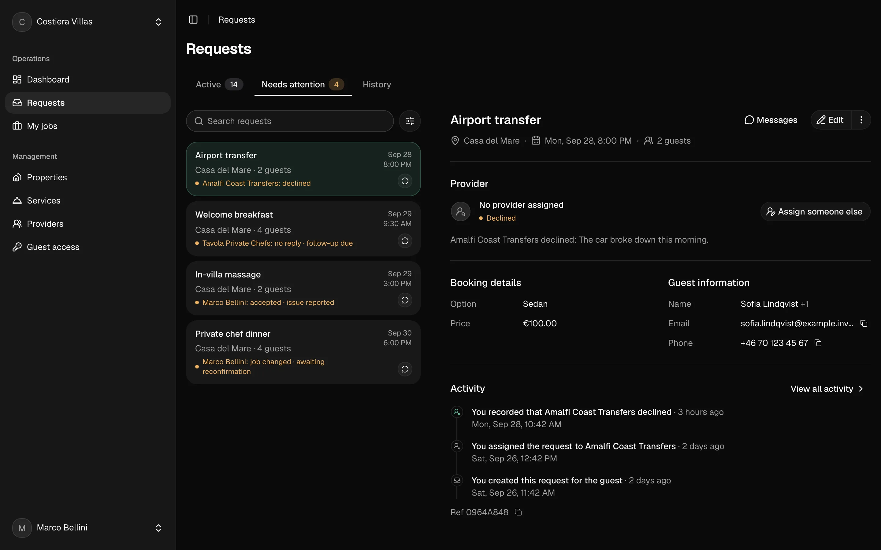 The Needs attention tab: four requests, each with what went wrong, and a declined airport transfer open with Assign someone else.