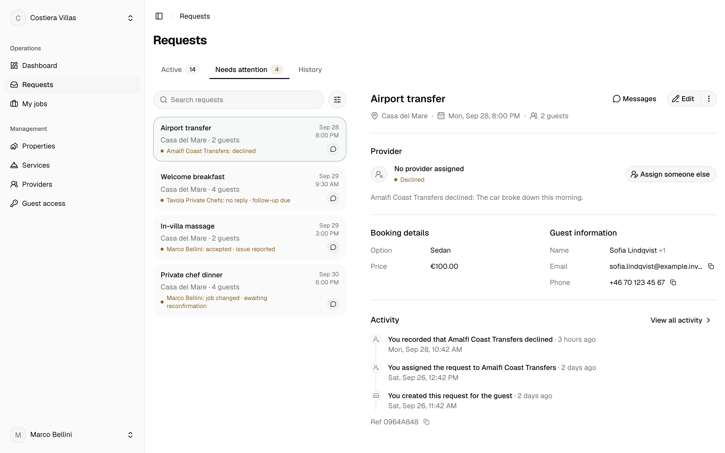 The Needs attention tab: four requests, each with what went wrong, and a declined airport transfer open with Assign someone else.