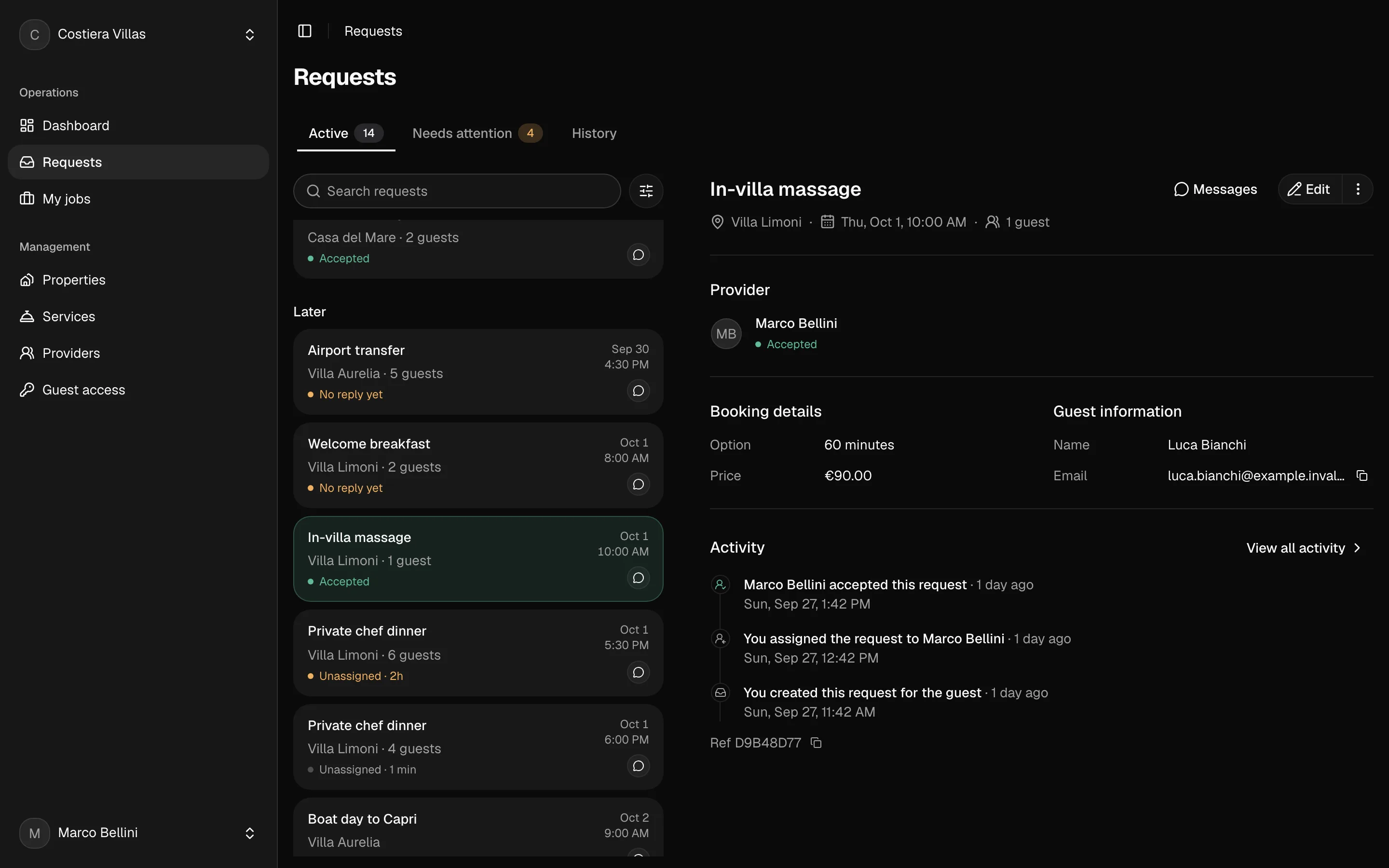 The Requests inbox with an in-villa massage open, behind the Messages dialog.