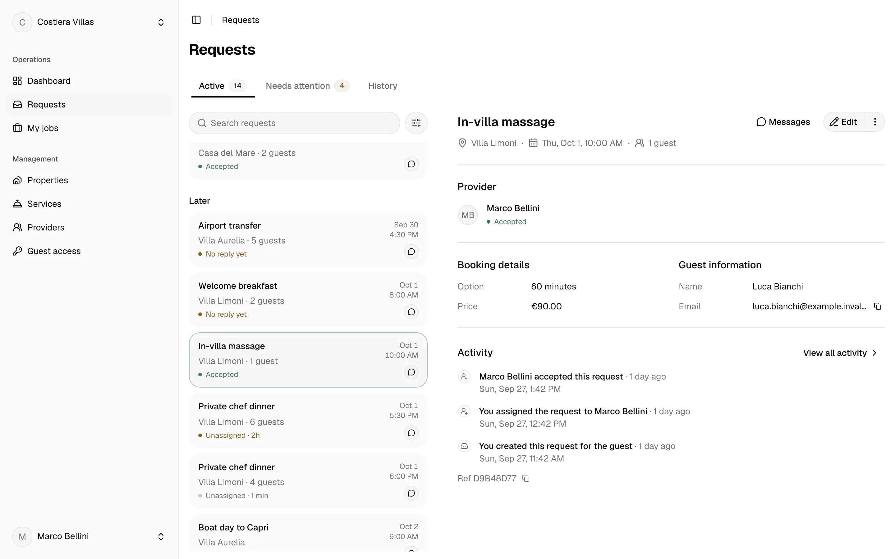 The Requests inbox with an in-villa massage open, behind the Messages dialog.