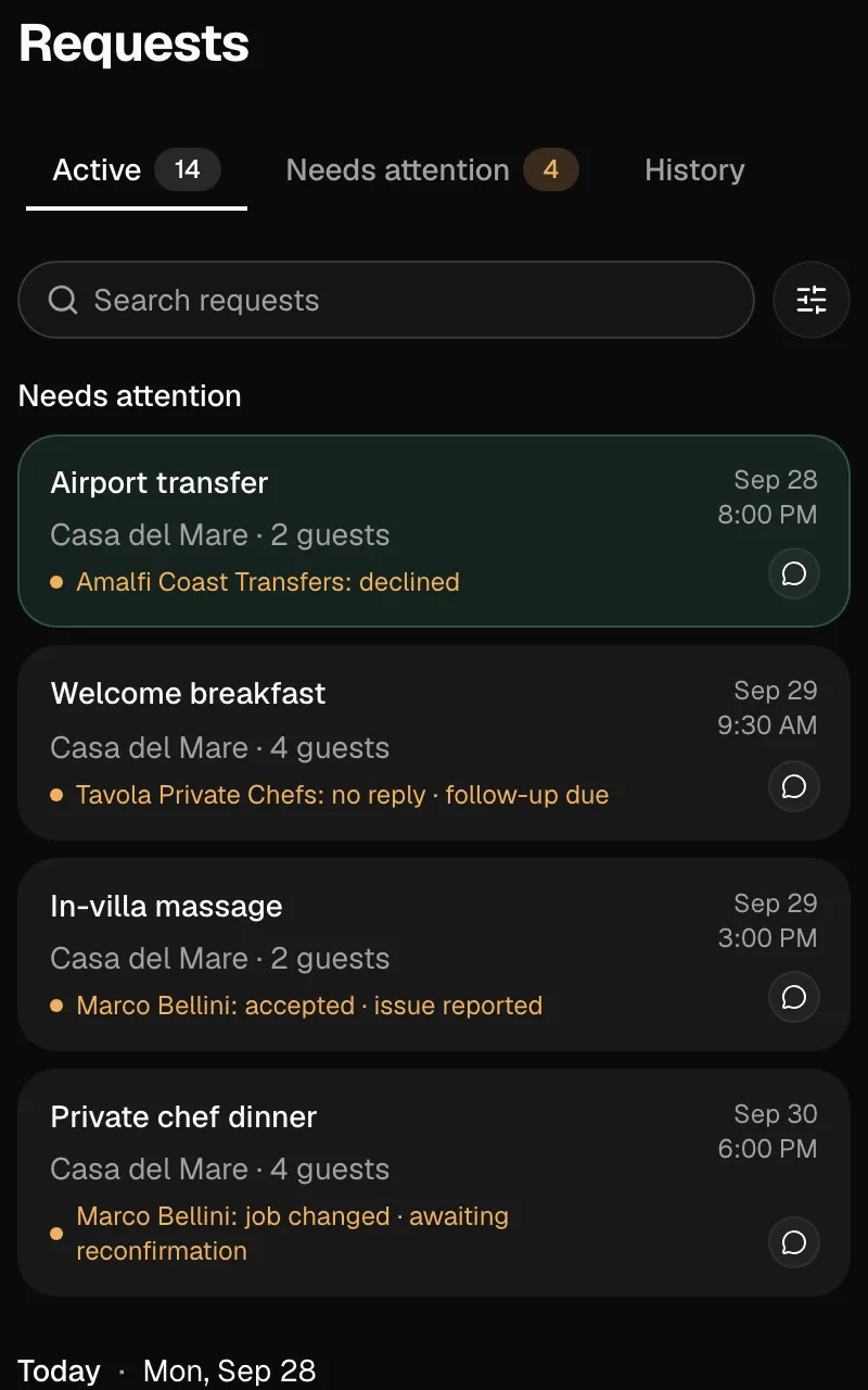 The Requests inbox: requests that need attention at the top, today’s below, and a declined airport transfer open on the right.