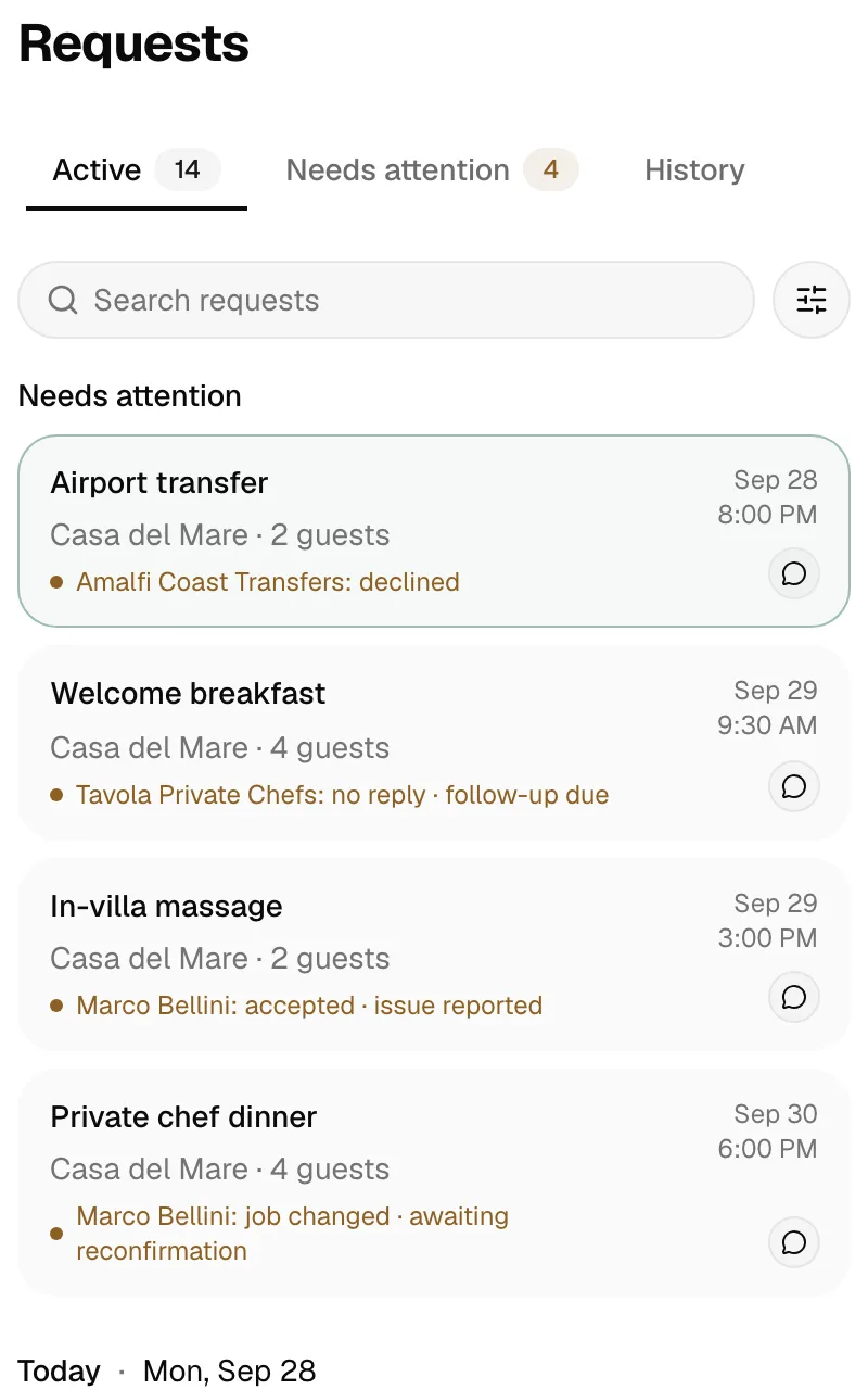 The Requests inbox: requests that need attention at the top, today’s below, and a declined airport transfer open on the right.