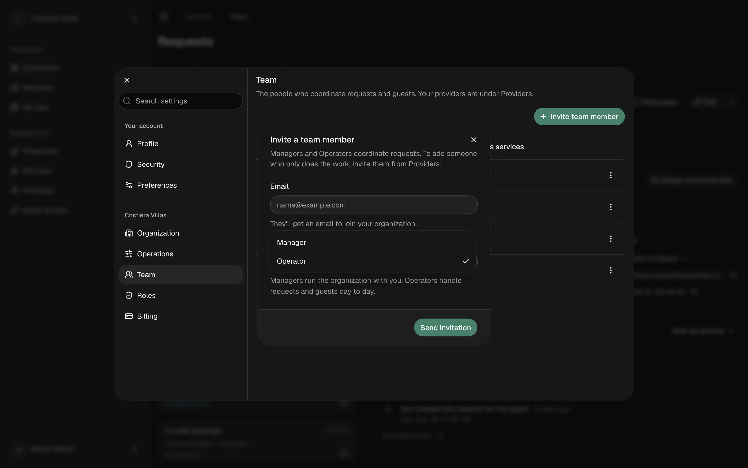 Settings, Team: inviting a team member by email and choosing their role, Manager or Operator.