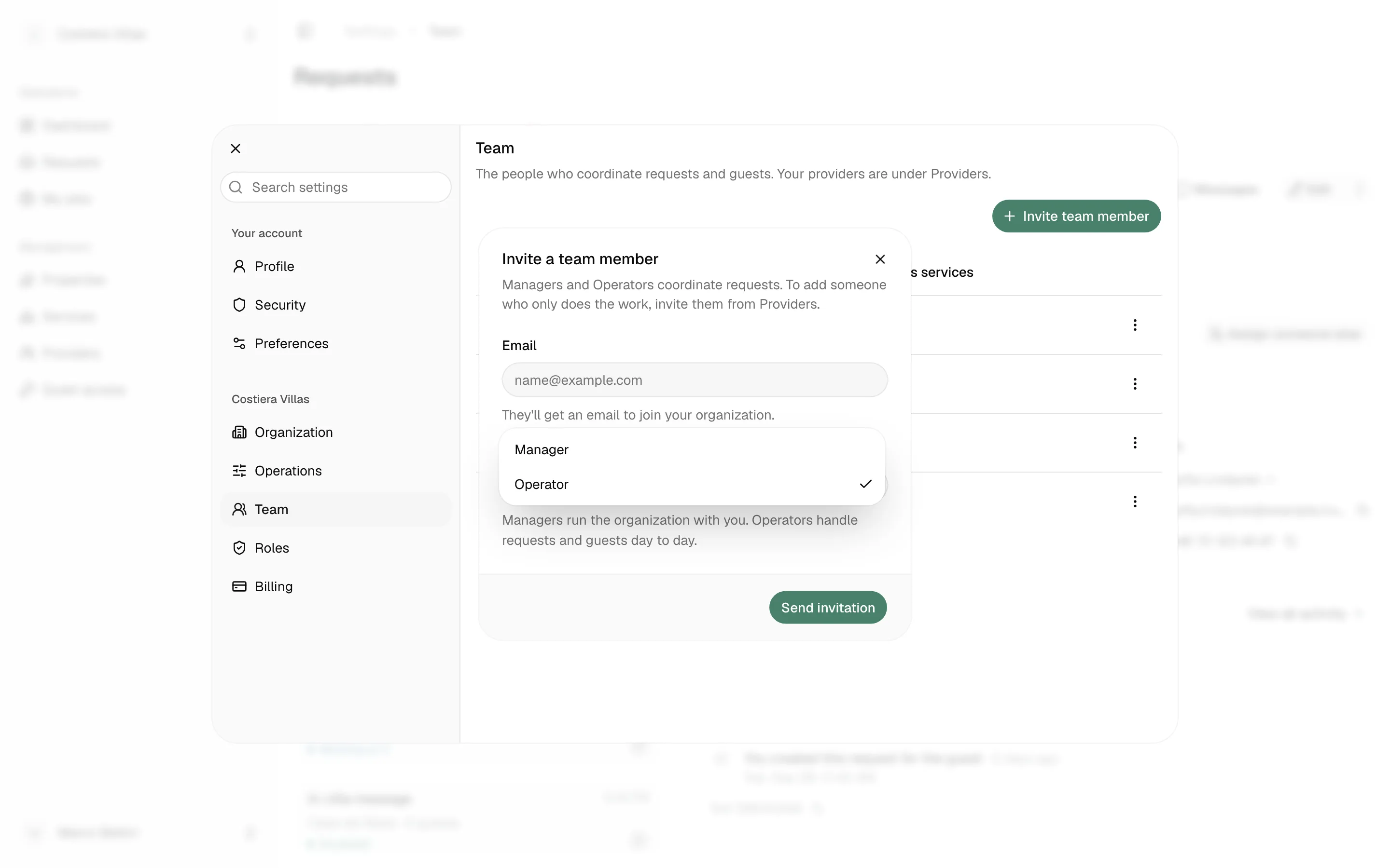 Settings, Team: inviting a team member by email and choosing their role, Manager or Operator.