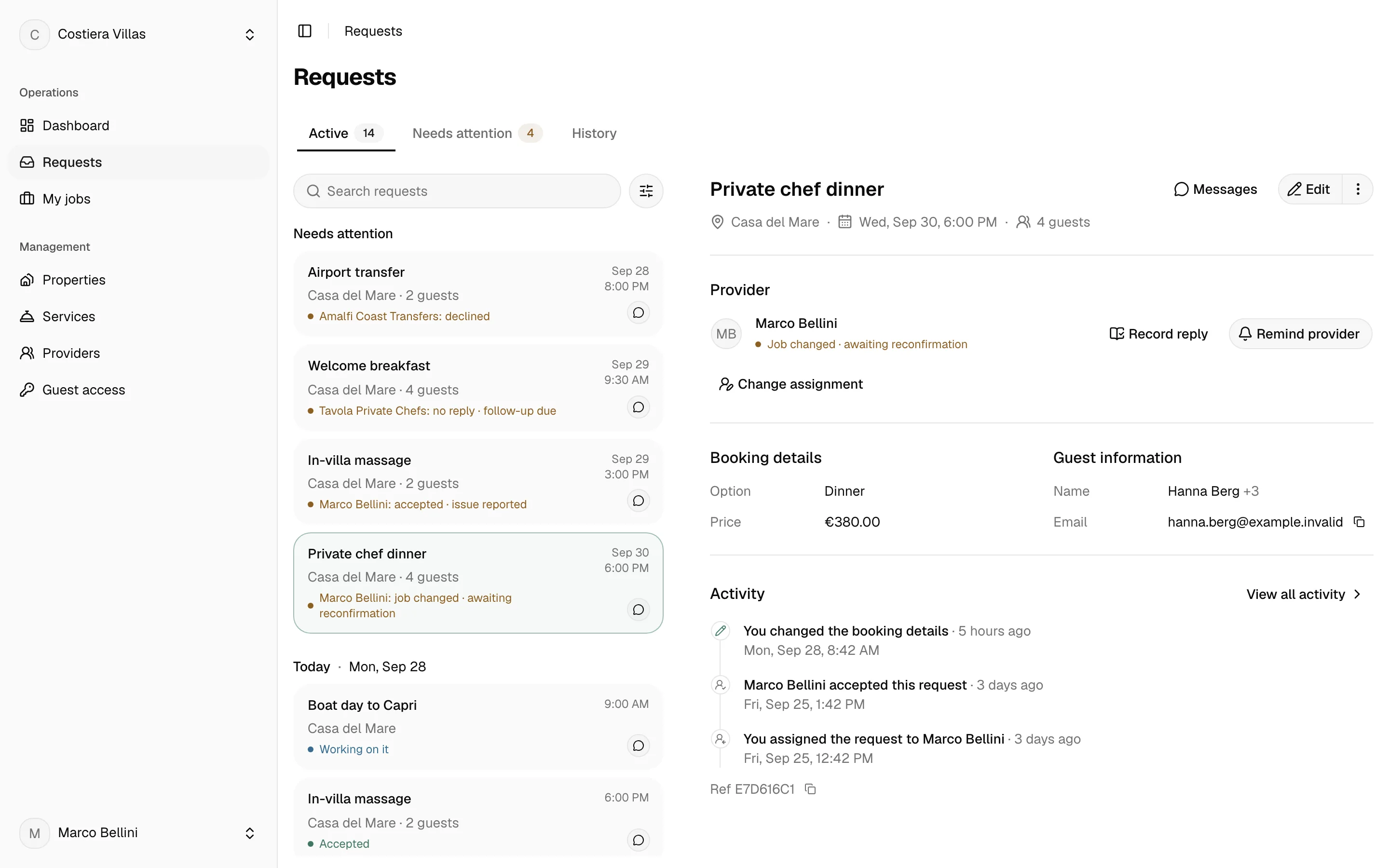 A private chef dinner after a change: the chef’s job is marked changed and awaiting reconfirmation, with Record reply and Remind provider.